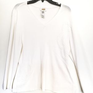 Talbots White V-neck Pearl- Embellished Sweater